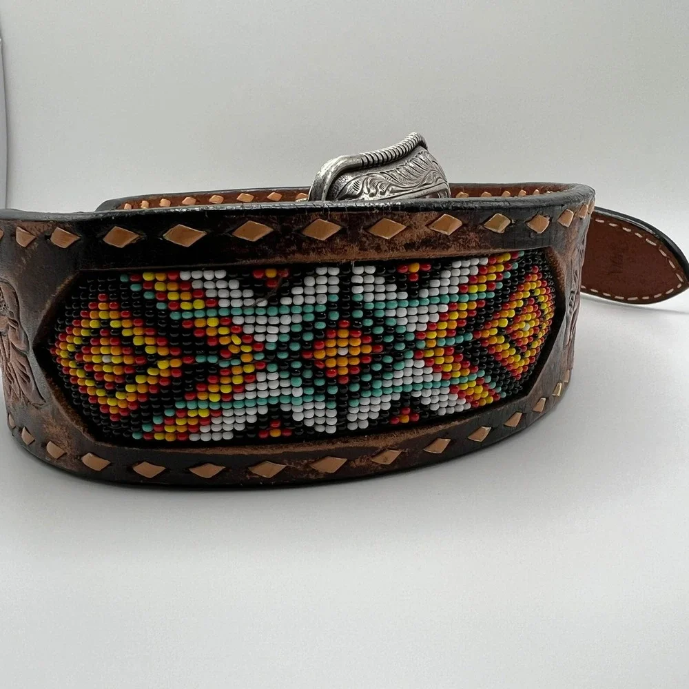 3D Men's Tooled Leather Western Belt Sz 32 – Floral Beaded Silver Buckle Rodeo